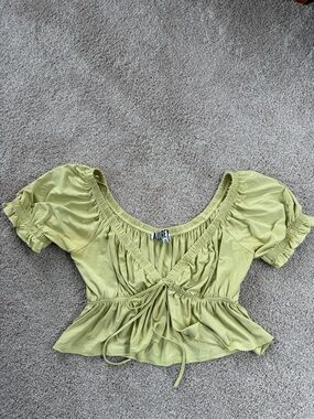 audrey Lime Green Tie-Front Peplum Top with Puff Sleeves